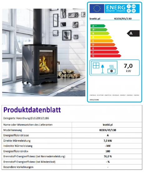 *EEK A - Guss-Kaminofen Kratki KOZA K5 Mit RRØ 130 Mm - 7 KW – Bild 8